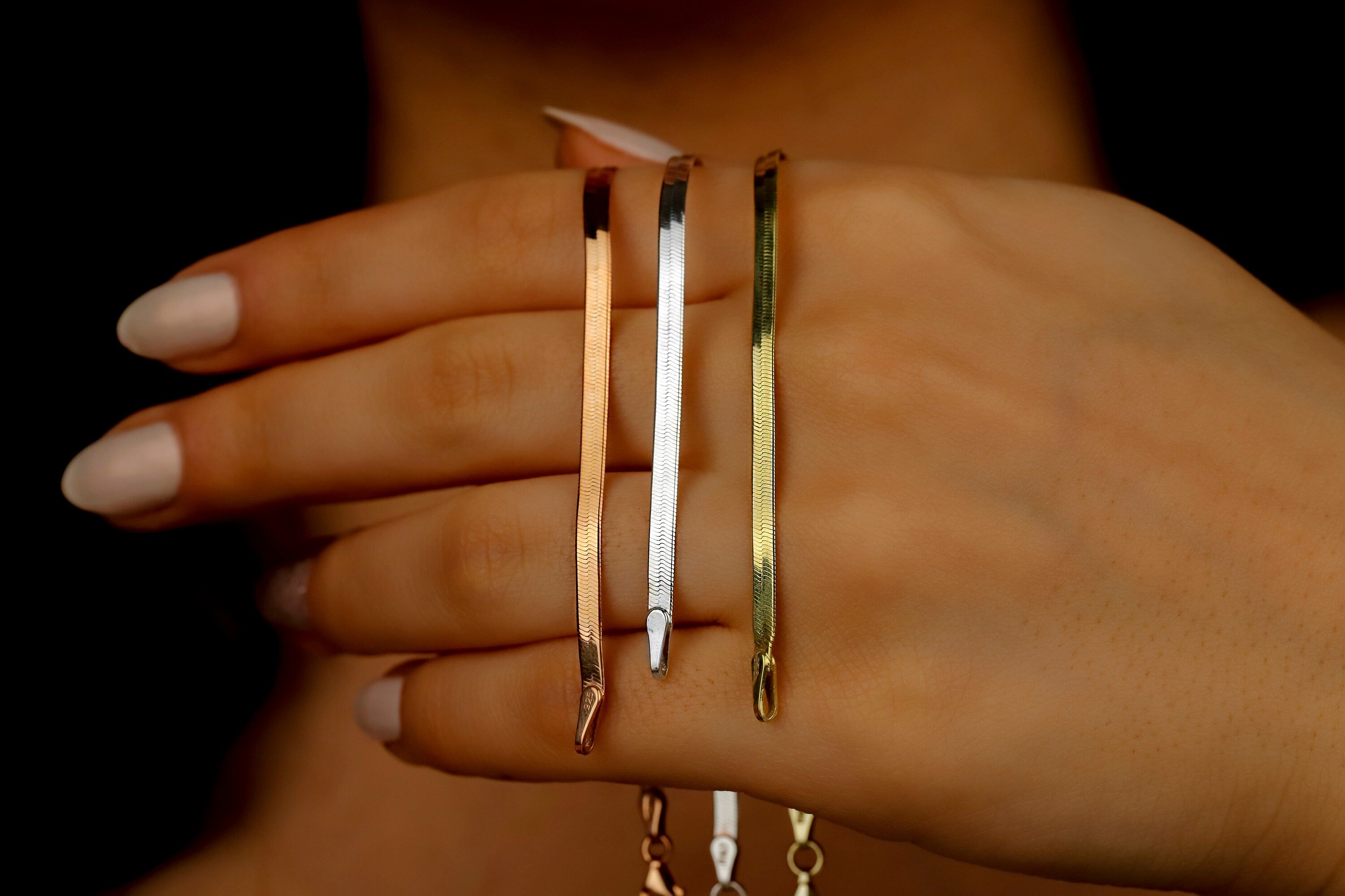 Dazzling Sterling Silver Dainty Herringbone Bracelet - Elegant Italian Design, Liquid Link Style
